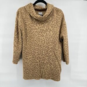 Chico's Size 2 Large Tan Gold Cowl Neck Leopard Sweater Tunic Metallic Shimmer